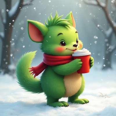 Cute green creature with drink in snow