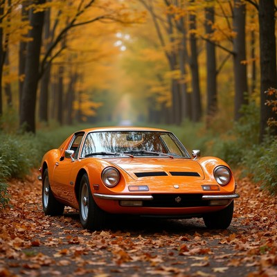 Orange car in autumn forest scene