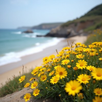Coastal view with yellow flowers