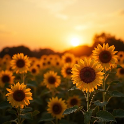 Sunflowers at sunset in a field