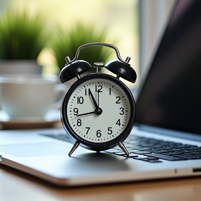 Clock on laptop by window in bright room