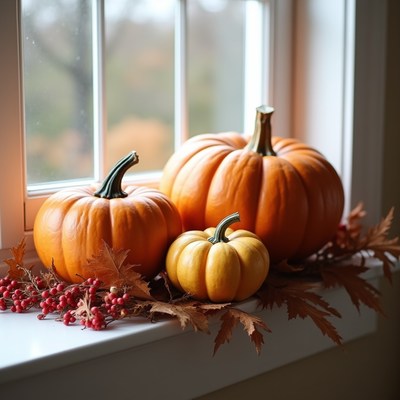 Pumpkins and leaves on a windowsill