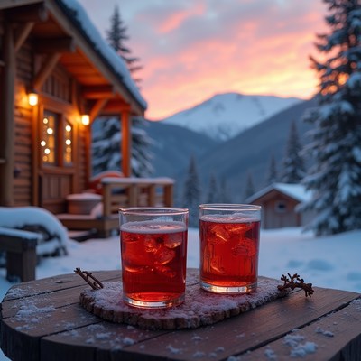 Drinks by the cabin at sunset