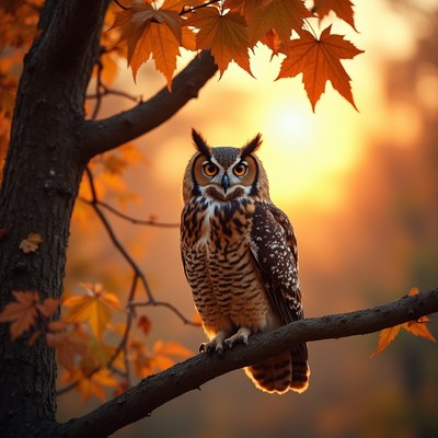 Owl perched on tree at sunset