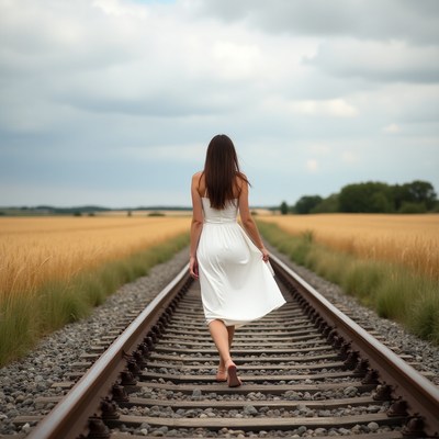 Woman walking on train tracks