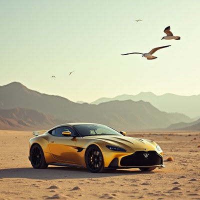 Golden car in a desert landscape