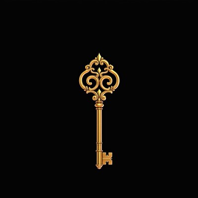 Ornate gold key on black backdrop