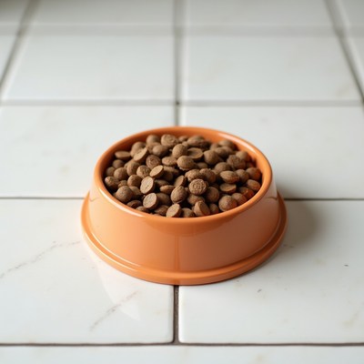 Dog food bowl filled with kibbles