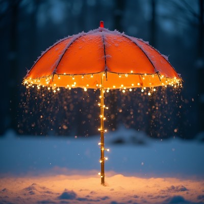 Orange umbrella with lights in snow