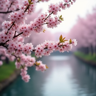 Cherry blossoms by a riverbank
