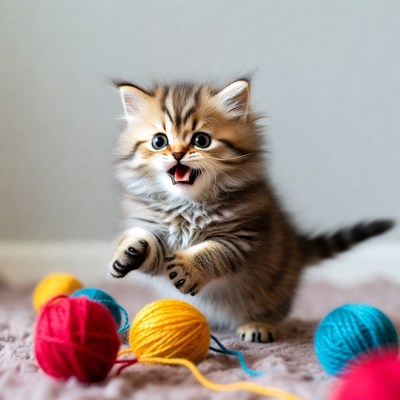 Kitten playing with colorful yarn balls