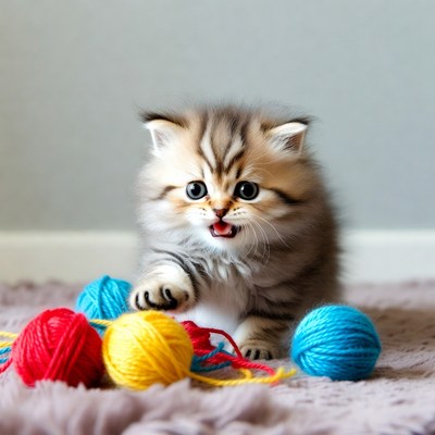 Cute kitten playing with yarn balls