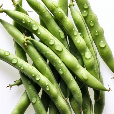 Fresh green beans on a white surface
