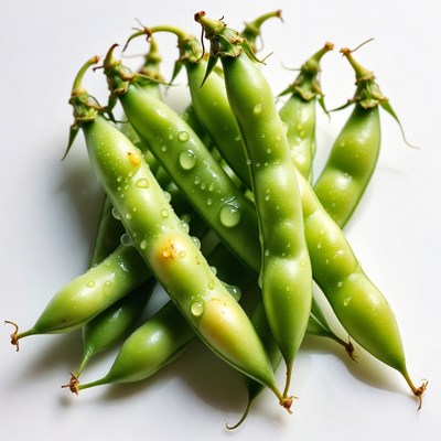 Fresh green pea pods on white surface