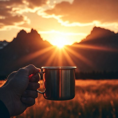 Enjoying coffee at sunrise in the mountains