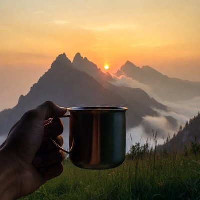 Enjoying coffee at sunrise in the mountains