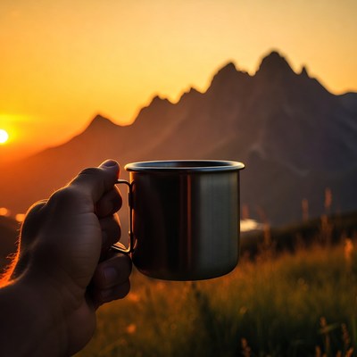 Holding a cup at sunset