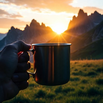 Sunrise over mountains with coffee