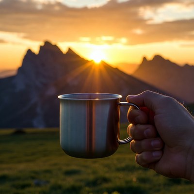 Holding a drink at sunset