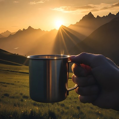Sunrise over mountains with coffee