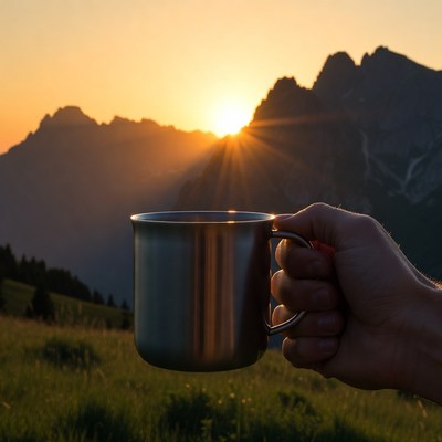 Enjoying coffee at sunrise in the mountains
