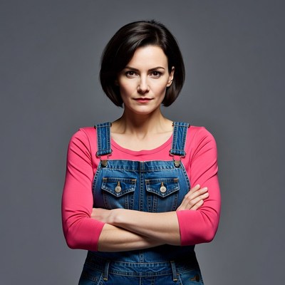 Confident woman in overalls poses strongly