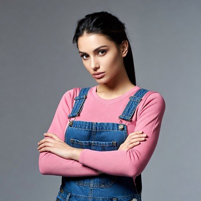 Woman in denim overalls poses confidently