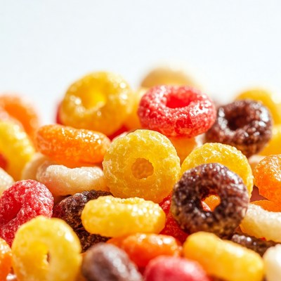 Colorful cereal rings on a white surface