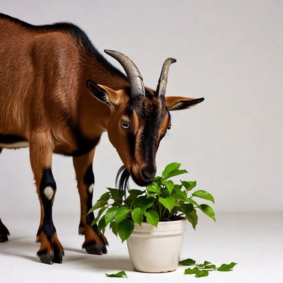 Goat eating plant indoors at home