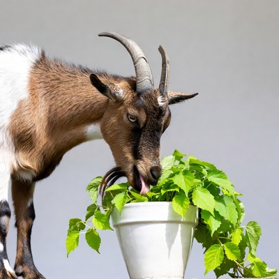 Goat eating leaves from pot