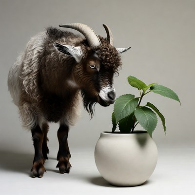 Goat by plant pot in indoor setting