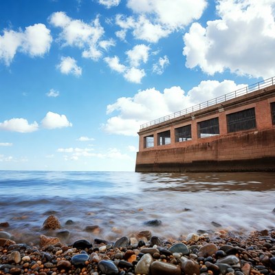 Coastal view with pier at sunset