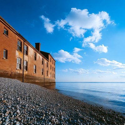Building by the water at sunrise