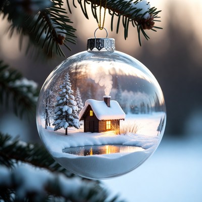 Winter cabin inside ornament