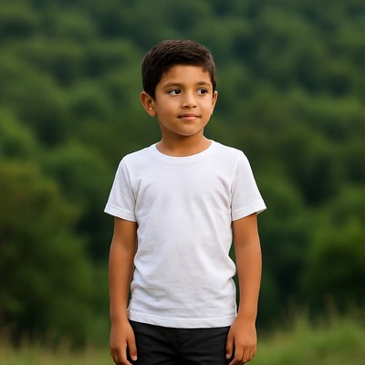 Child standing in green field