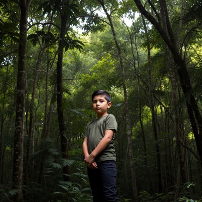 Boy standing in forest during daytime