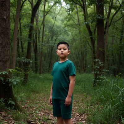 Boy standing in green forest