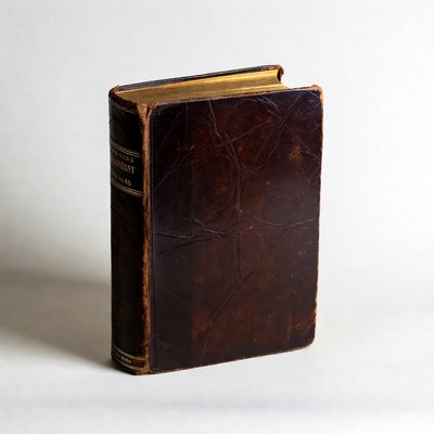 Old book with dark cover on display