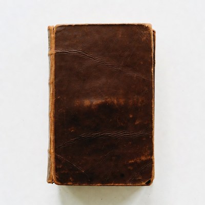 Old brown leather book on white surface