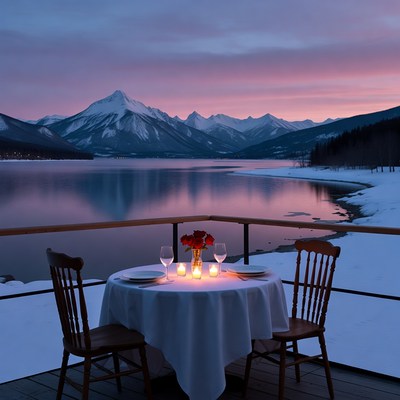 Romantic dinner by the lake at sunset