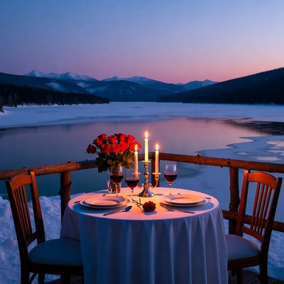 Romantic dinner setup by lake