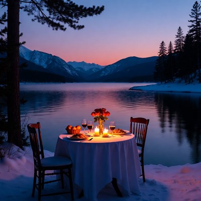 Dinner setup by the lake at sunset