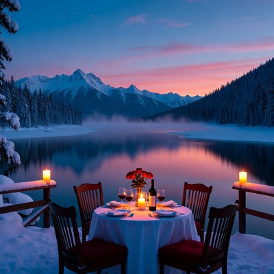 Romantic dinner by the lake at sunset