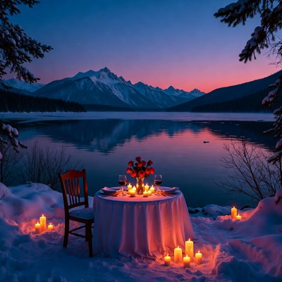 Dinner setup by the lake at sunset