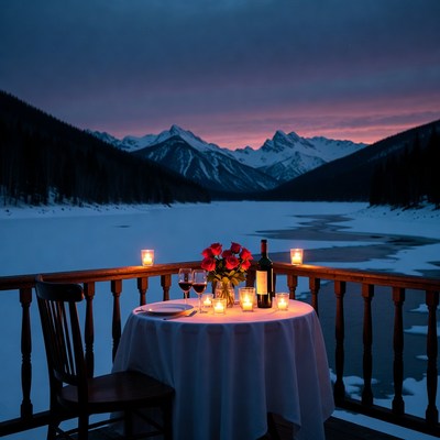 Dinner setup by the lake at dusk