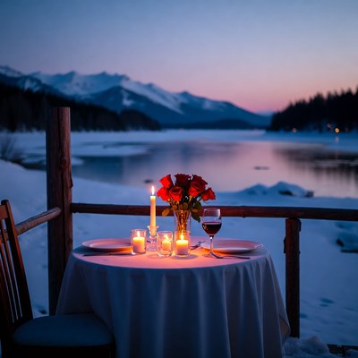 Romantic dinner by the lake in winter