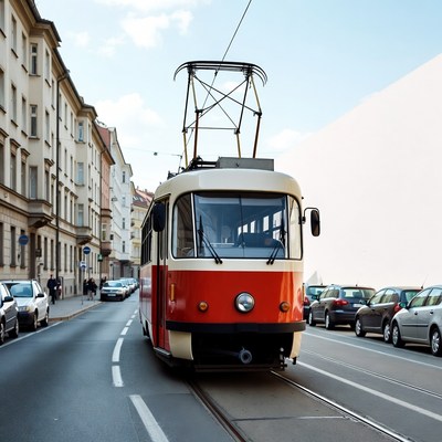 Red tram on city street in daylight