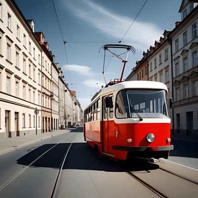 Tram travels on city street during day