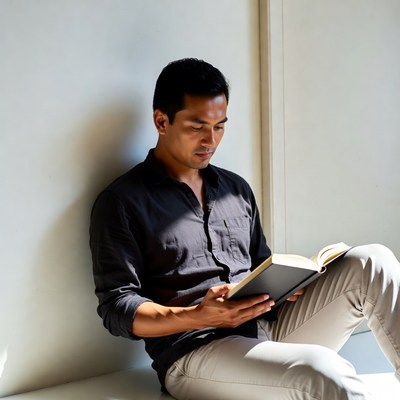 Reading a book indoors in natural light