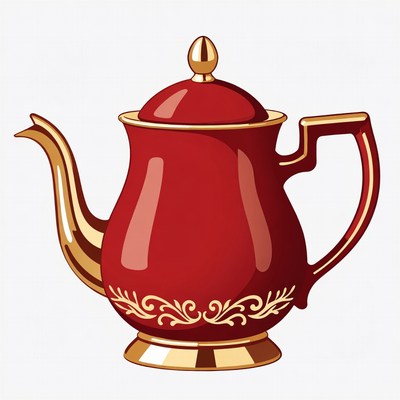 Red teapot with golden accents displayed